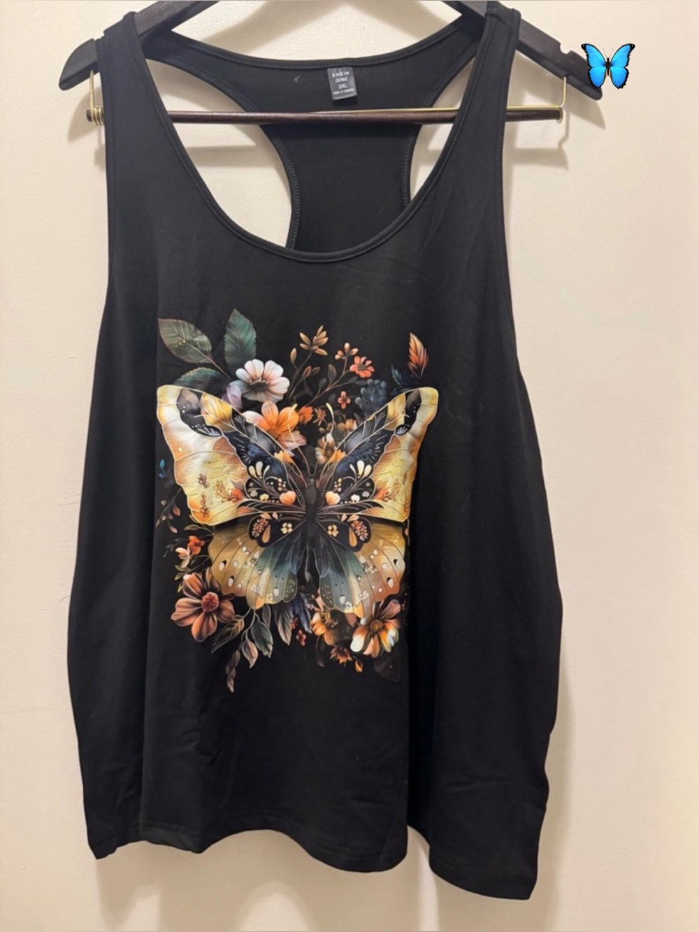 B2G1F SHEIN Black Butterfly Floral Racerback Tank with Gold and Orange Accents